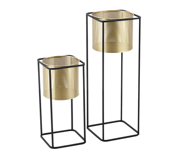 Set de 2x soportes para plantas Mettet - metálico 46 x 21 x 21 cm y 70 x 25 x 25 cm Negro y Dorado