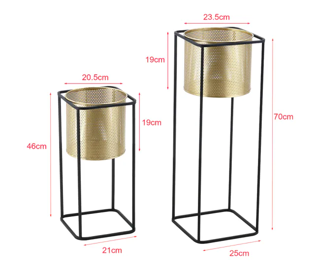 Set de 2x soportes para plantas Mettet - metálico 46 x 21 x 21 cm y 70 x 25 x 25 cm Negro y Dorado