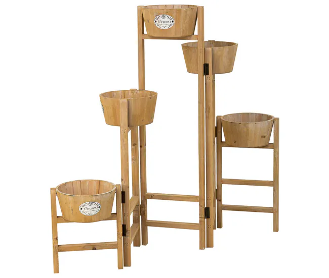 Soporte con 5 Cestos de madera Marron