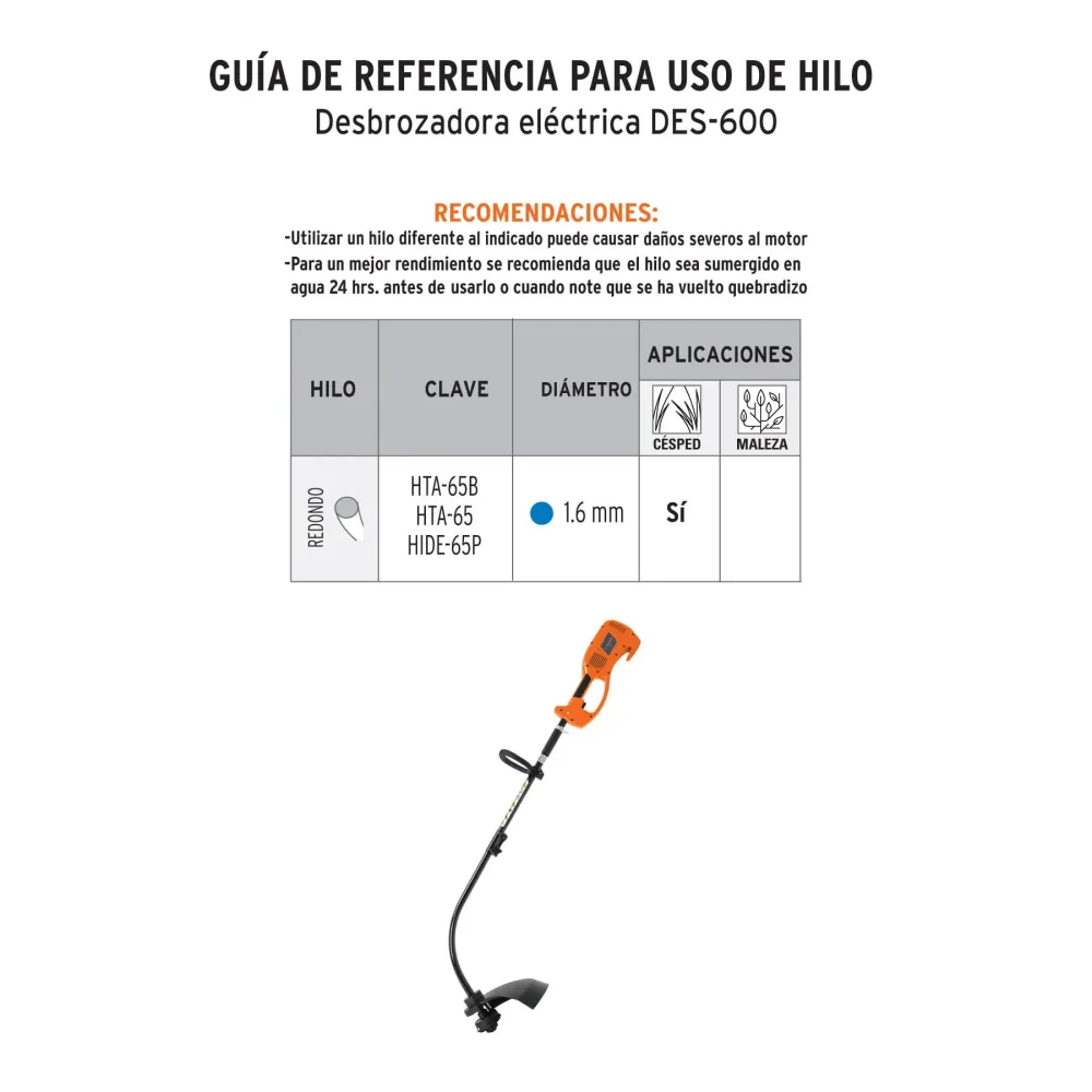 DESBROZADORA ELÉCTRICA, 600W, MANGO TIPO 'D', CORTE DE 15'