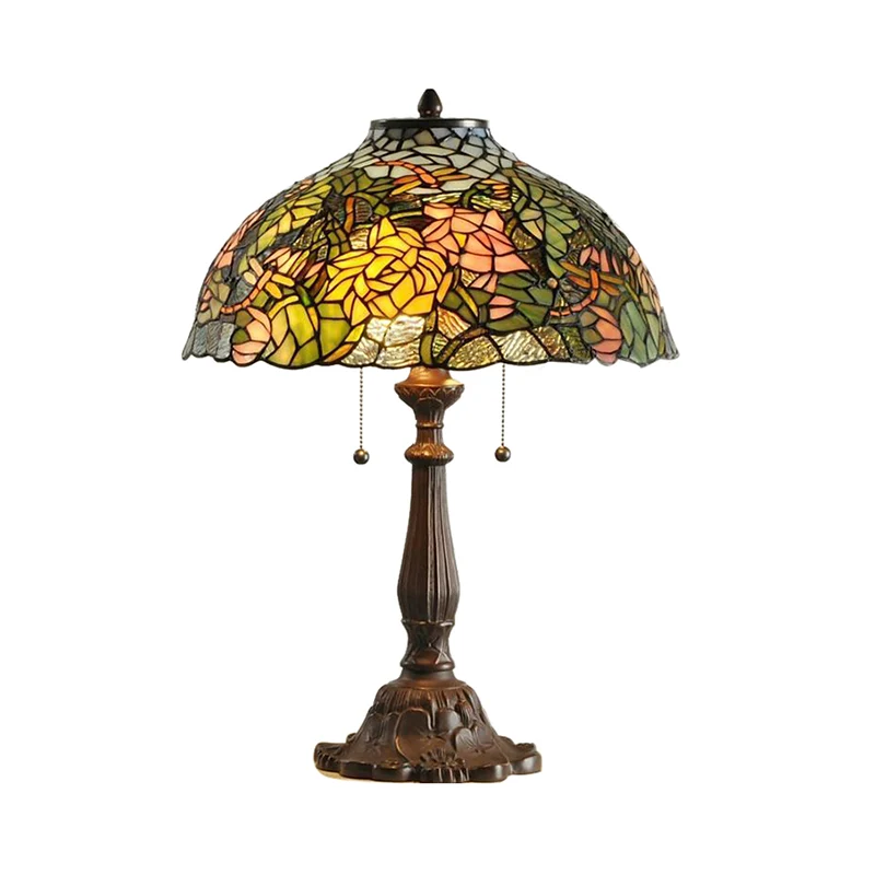 Lampe d'appoint en forme de dôme de Style rétro, vitrail, 1/2 lumières, lampe de Table colorée avec motif de fleurs en Plá...