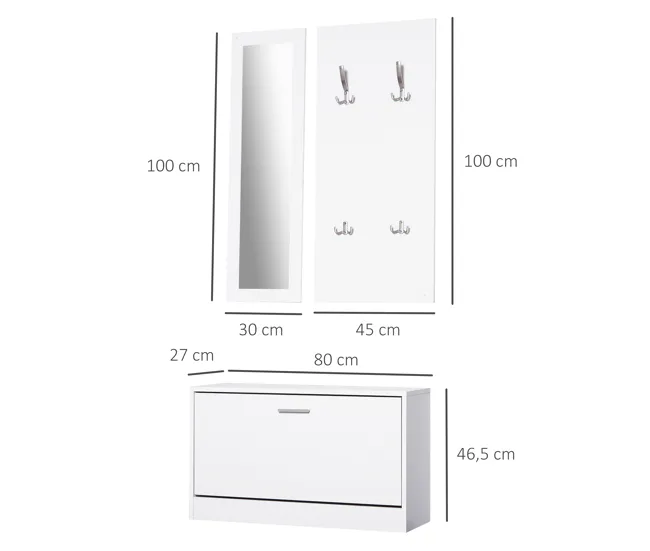 HOMCOM Conjunto de Muebles de Entrada Recibidor Pasillo Set de 3 Piezas Zapatero Espejo Perchero con 4 Ganchos para Colgar...