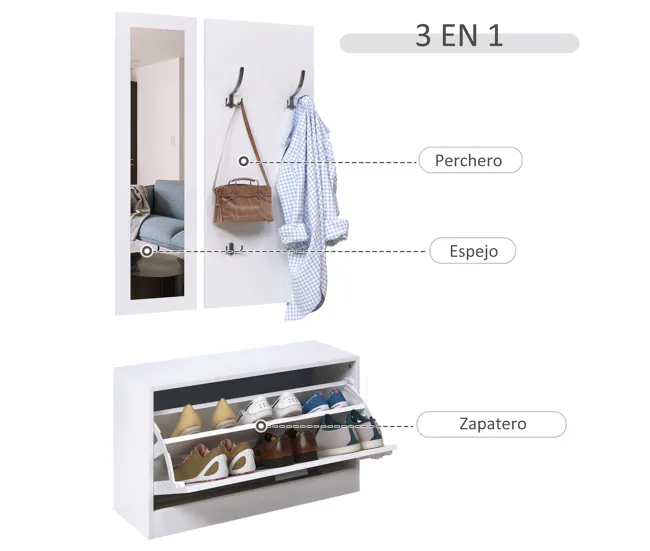 HOMCOM Conjunto de Muebles de Entrada Recibidor Pasillo Set de 3 Piezas Zapatero Espejo Perchero con 4 Ganchos para Colgar...
