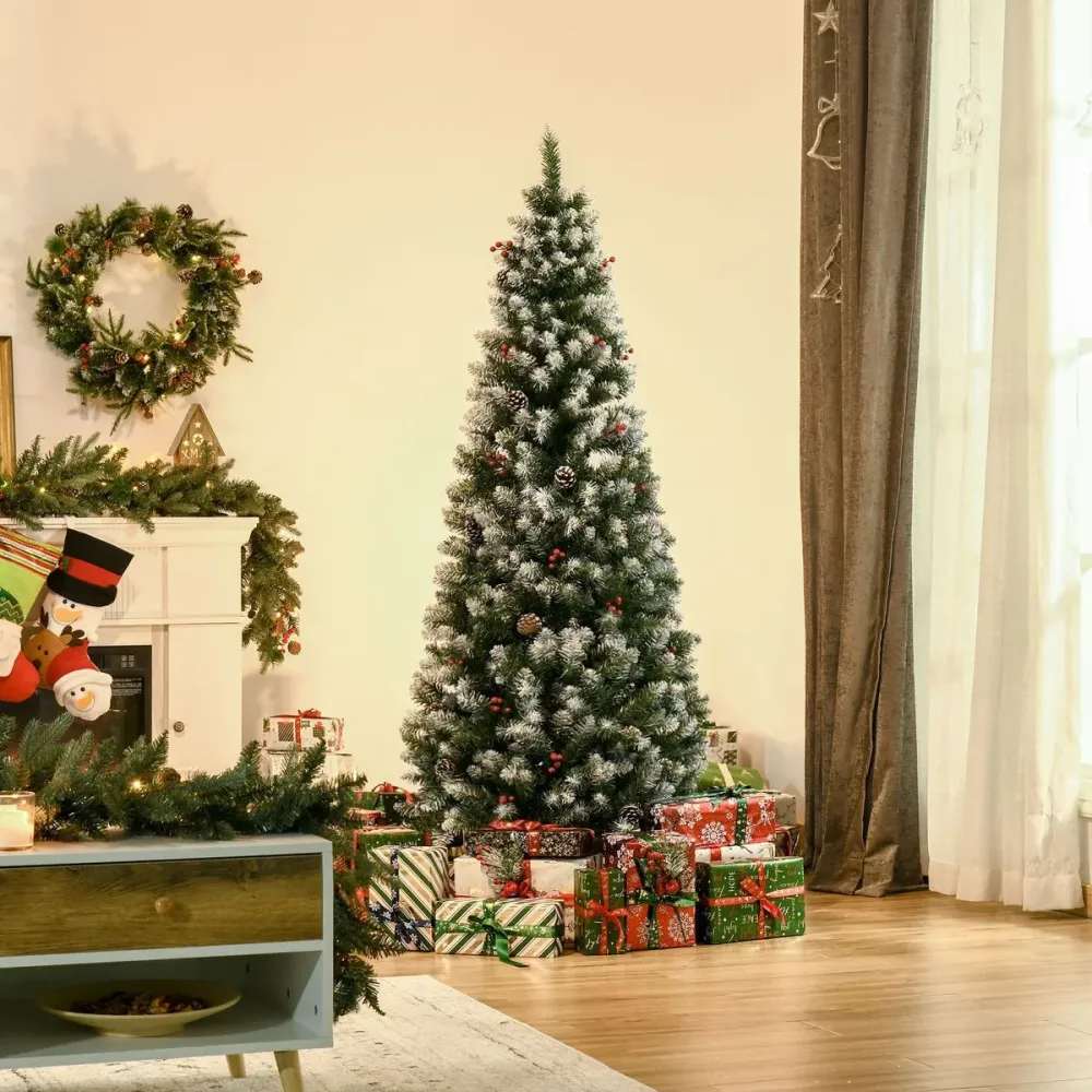 Árbol de Navidad Homcom 618 ramas efecto nevado con decoraciones verde Ø65x180 cm