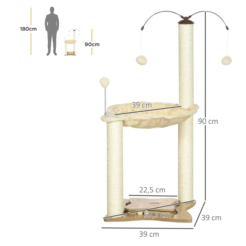 Árbol rascador Abispa PawHut con bolas + hamaca crema 90x53,5x53,5 cm
