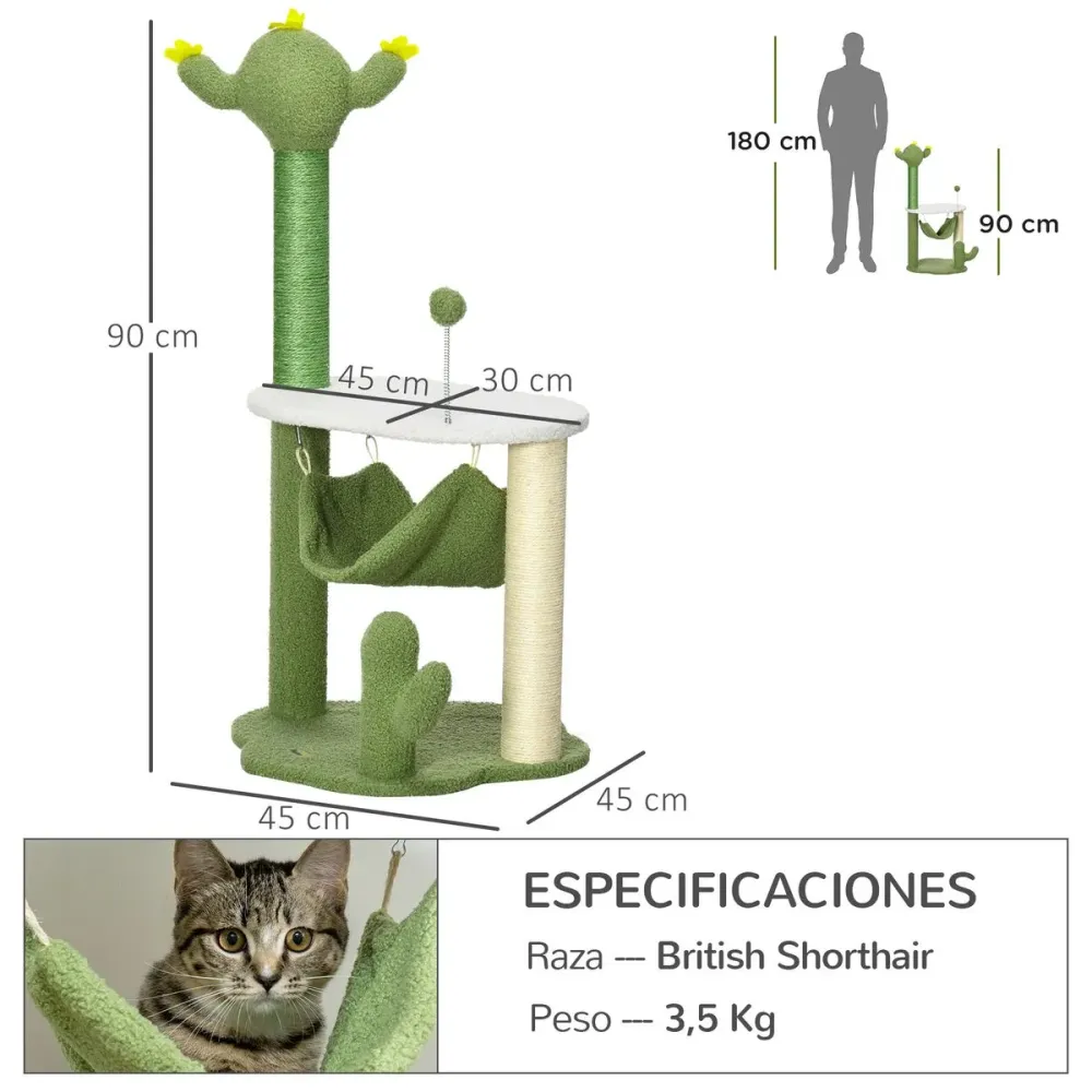 Árbol rascador Cactus PawHut con hamaca + plataforma + bola verde 90x45x45 cm