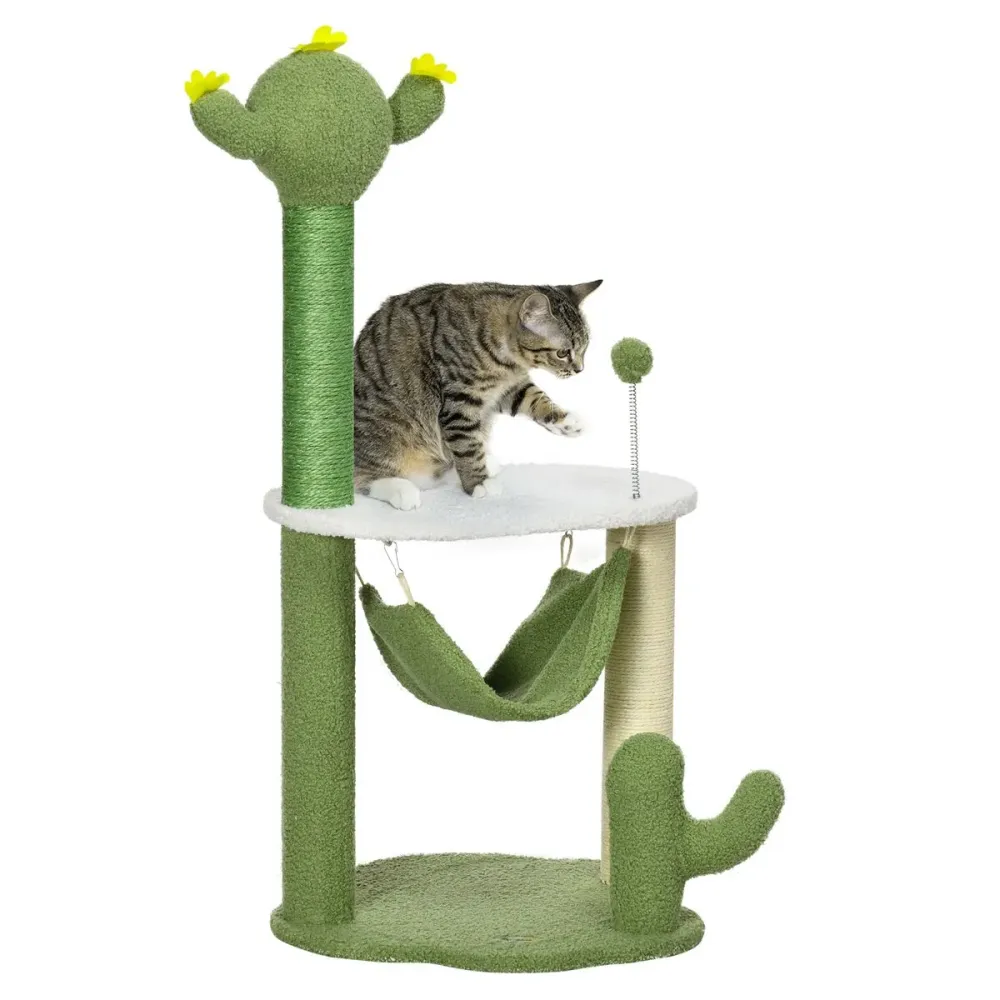 Árbol rascador Cactus PawHut con hamaca + plataforma + bola verde 90x45x45 cm