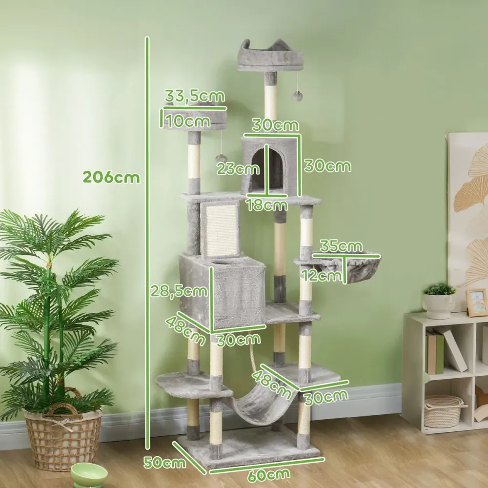 Árbol rascador Ratón PawHut 2 hamacas + 2 cuevas + plataformas + bola gris 206x60x50 cm