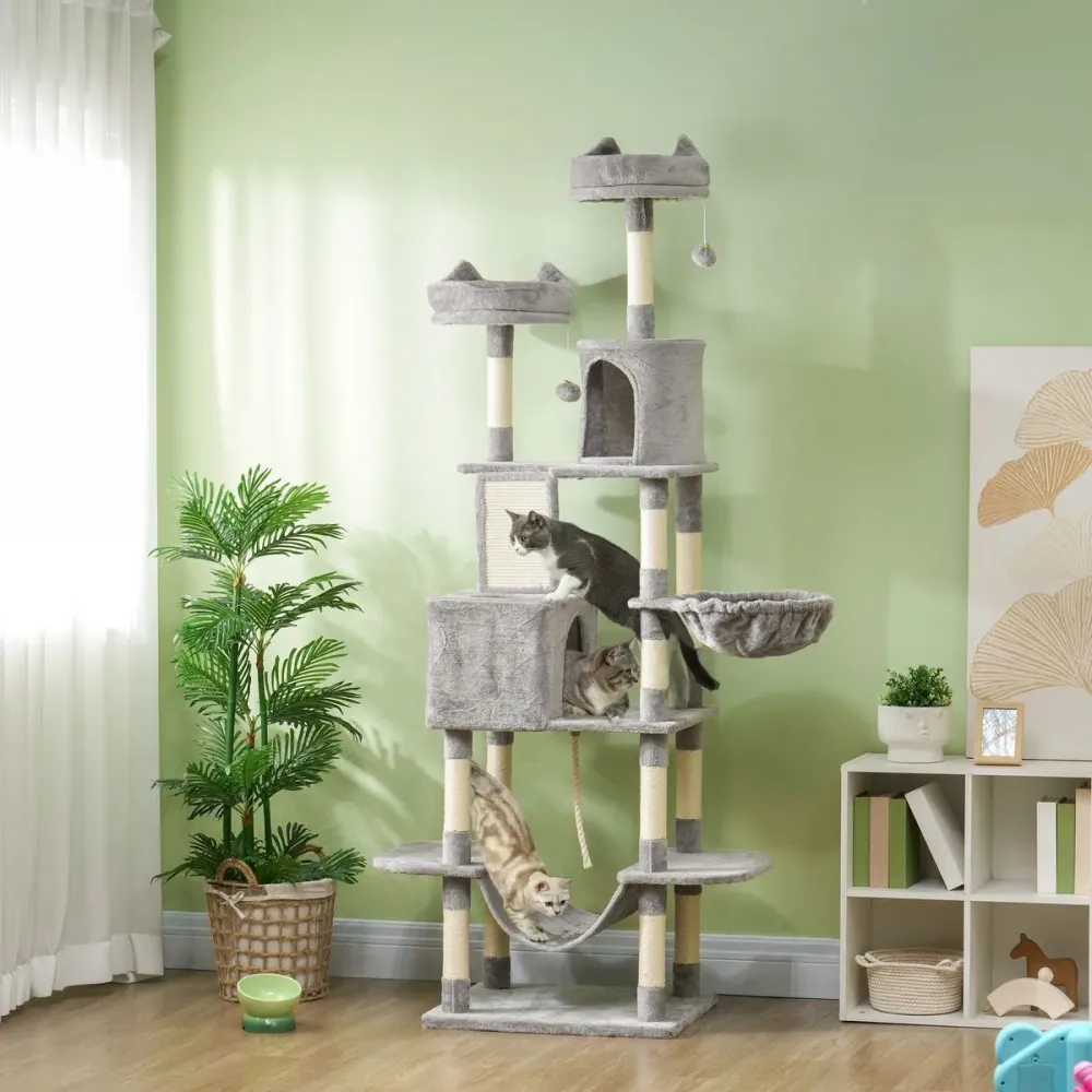Árbol rascador Ratón PawHut 2 hamacas + 2 cuevas + plataformas + bola gris 206x60x50 cm