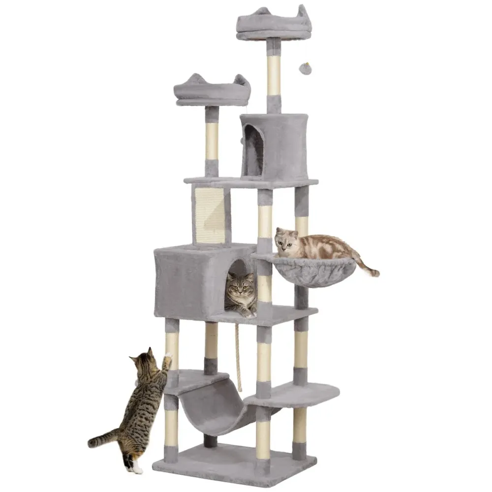 Árbol rascador Ratón PawHut 2 hamacas + 2 cuevas + plataformas + bola gris 206x60x50 cm