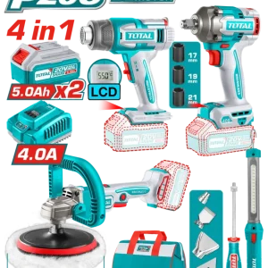 POLICHADORA 7" + PISTOLA IMPACTO 1/2 400 NM + PISTOLA CALOR + LAMPARA DE TRABAJO 300 LUMENES CONTIENE 2 BATERIAS 5.0AH, 1...