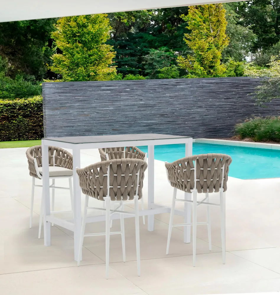 Manga Protectora para Rosales Sillón para barra de bar Meridian aluminio blanco cuerda greige y textil greige