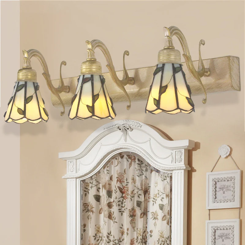 Luz de tocador de hoja de 3 cabezales, luz de espejo de maquillaje de vitral rústico tipo Loft con placa posterior lineal...