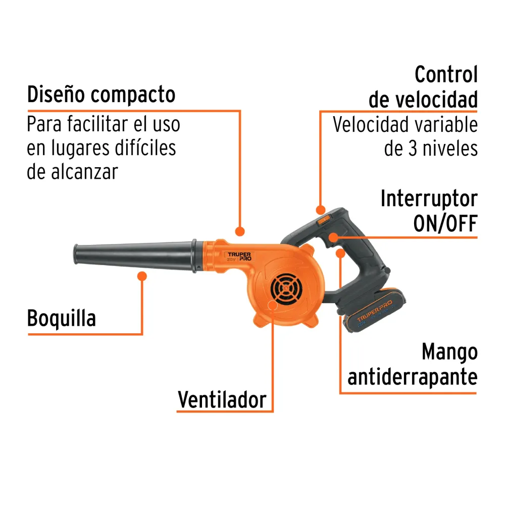 Sopladora inal. para taller 20V, 1 bat. 2Ah, 1 carg. PRO | Envío Rápido Incluido