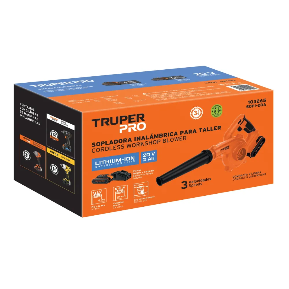 Sopladora inal. para taller 20V, 1 bat. 2Ah, 1 carg. PRO | Envío Rápido Incluido