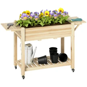 Outsunny Huerto Urbano de Madera Mesa de Cultivo con Ruedas Estante y Repisas Plegables Jardinera Elevada para Cultivo Flo...