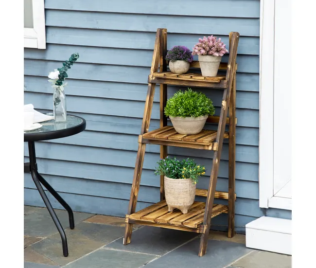 Outsunny Soporte para Plantas de Madera de 3 Niveles Estanterí para Plantas Plegable Soporte para Macetas para Interior y...