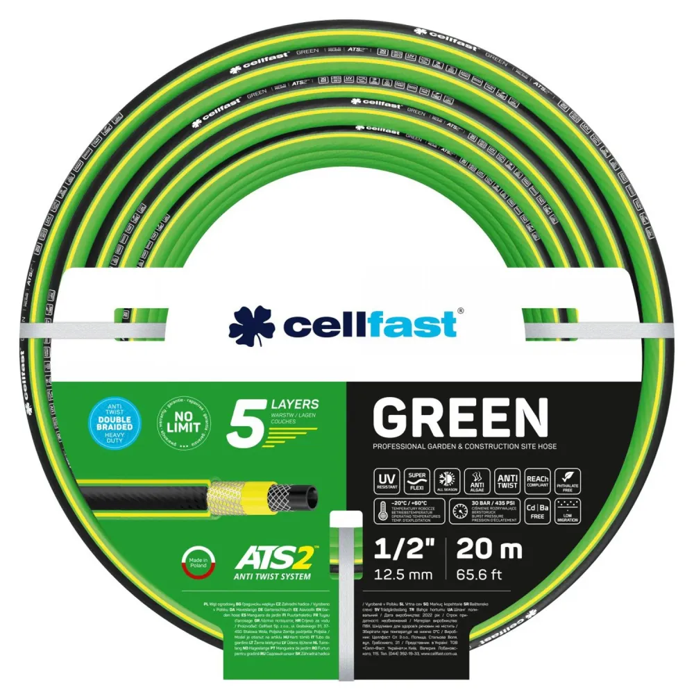 CELLFAST GREEN 15-102 Garden Water Hose 5-Layer Irrigation 30 Bar ATS2 1/2" 20m