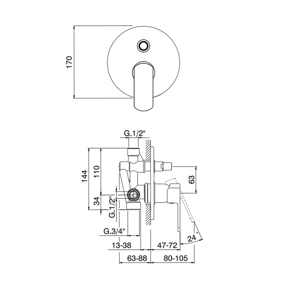 Mezclador monomando empotrado para ducha con desviador RubiFlux serie Dema - Cromo