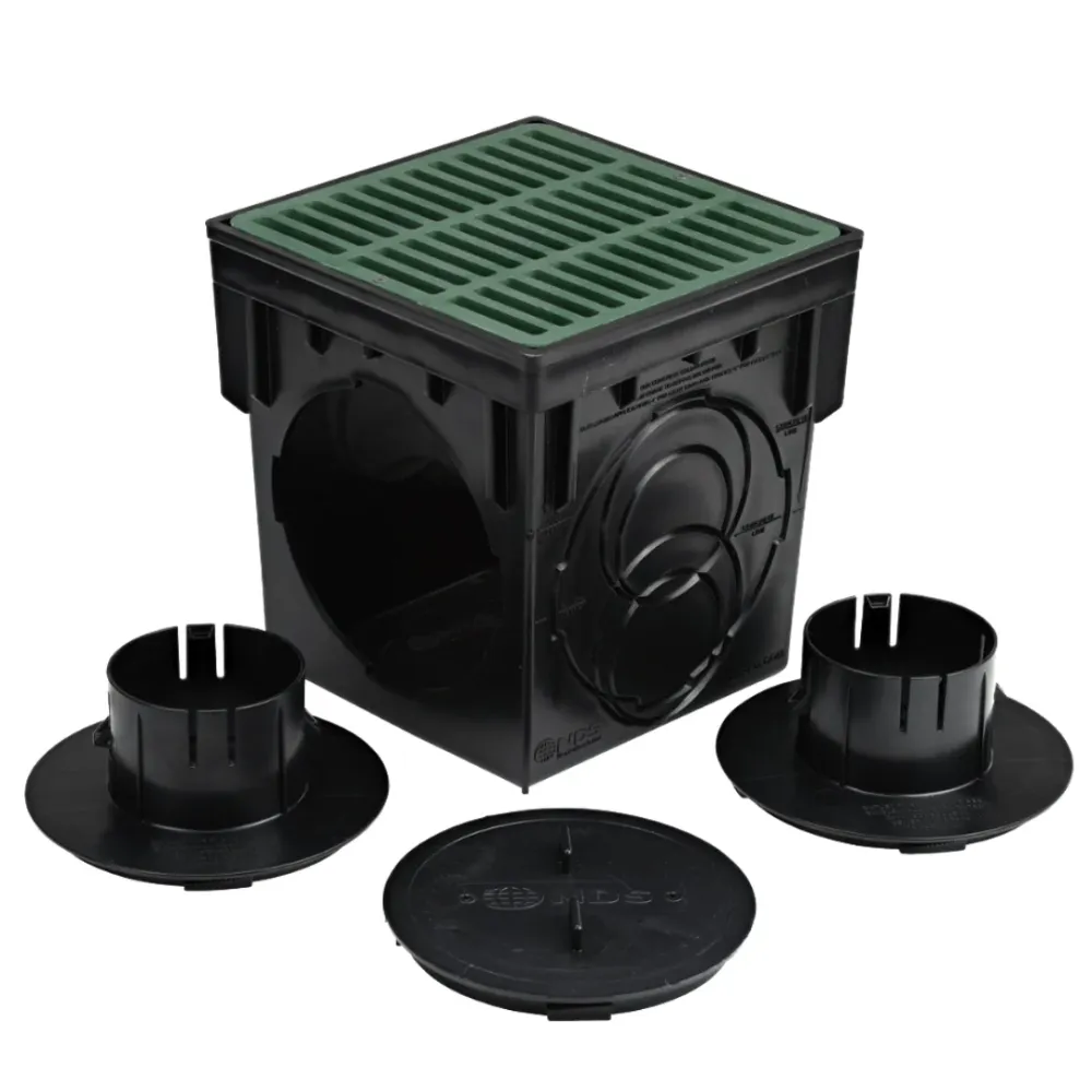 NDS Cuenca de captura pluvial de 12 pulg x 12 pulg con dos salidas, contiene rejilla, adaptadores y 1 tapon