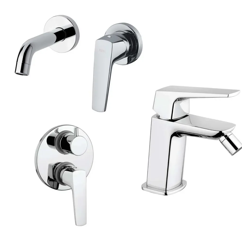 Set de Mezcladores de Ducha, con Desviador para Lavabo empotrado en pared y Bidé con desagüe acabado cromado colección Spa...
