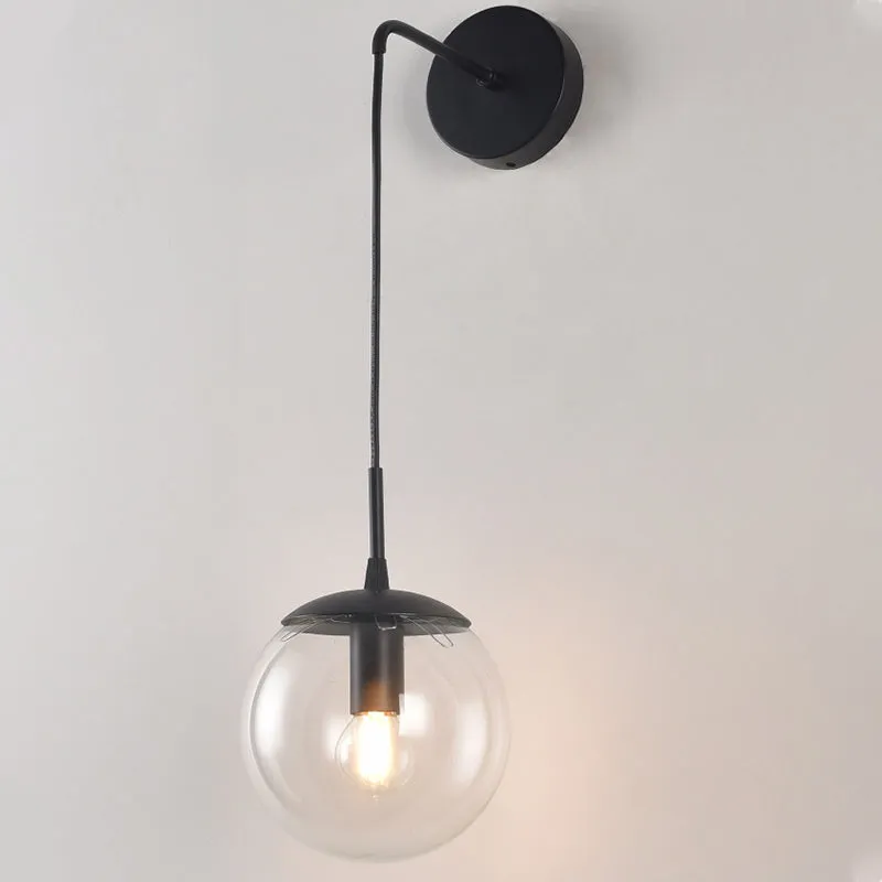 Applique murale sphère en verre transparent/gris fumé, lampe murale rétro à 1 lumière avec alargado bras doré/noir