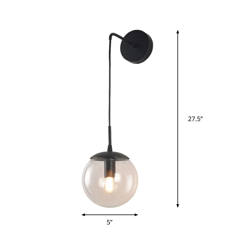 Applique murale sphère en verre transparent/gris fumé, lampe murale rétro à 1 lumière avec alargado bras doré/noir