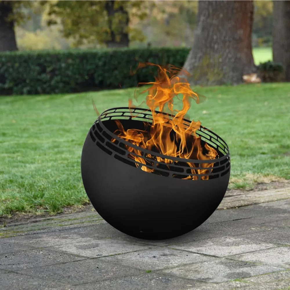 Brasero en forma de bola enrejado negro con Base de Piedra