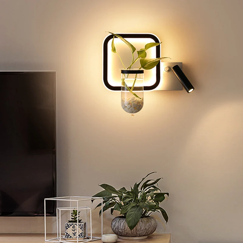 Estatua de Concreto Applique murale de chevet à LED, Pot de plante noir minimaliste, applique murale avec abat-jour carré...