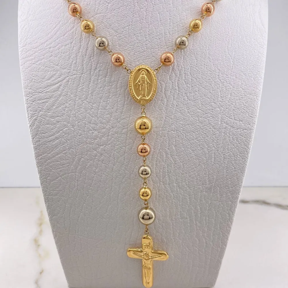 Estatuilla Clásica Rosario Virgen Del Carmen 28.3gr / 70cm / 7mm-8mm Bolas Lisas Tres Oros &