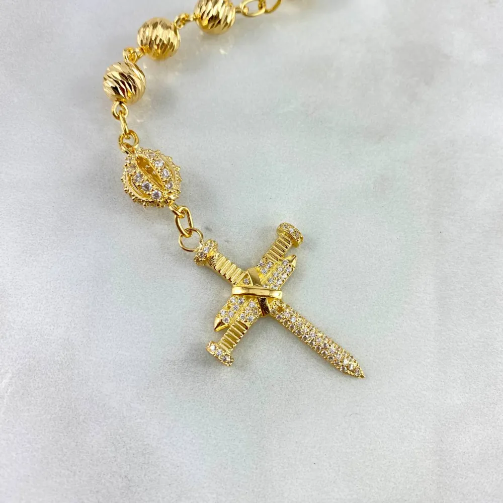 Estatuilla Clásica Rosario Virgen Guadalupe 46.85gr / 70cm / 7mm-9mm Bolas Diamantadas Basteadas Circones Blancos Oro Amar...
