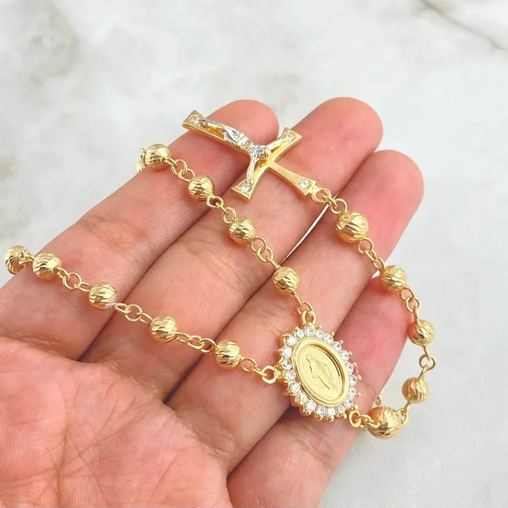 Estatuilla Clásica Rosario Virgen Milagrosa 22.1gr / 65cm / 6mm-5mm Bolas Diamantadas Cruz Cristo Circones Dos Oros Amaril...