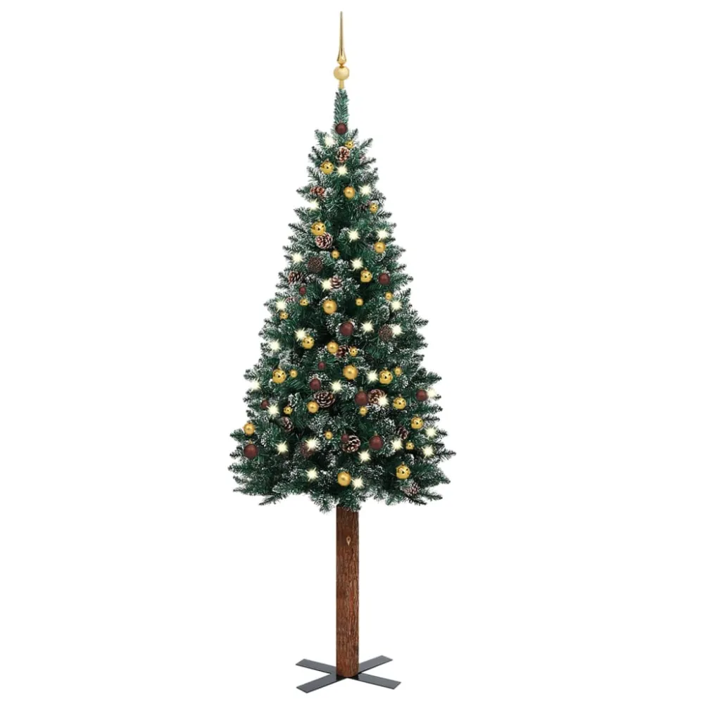 Estatuilla Decorativa de vidaXL árbol de navidad estrecho con luces y bolas verde 210 cm