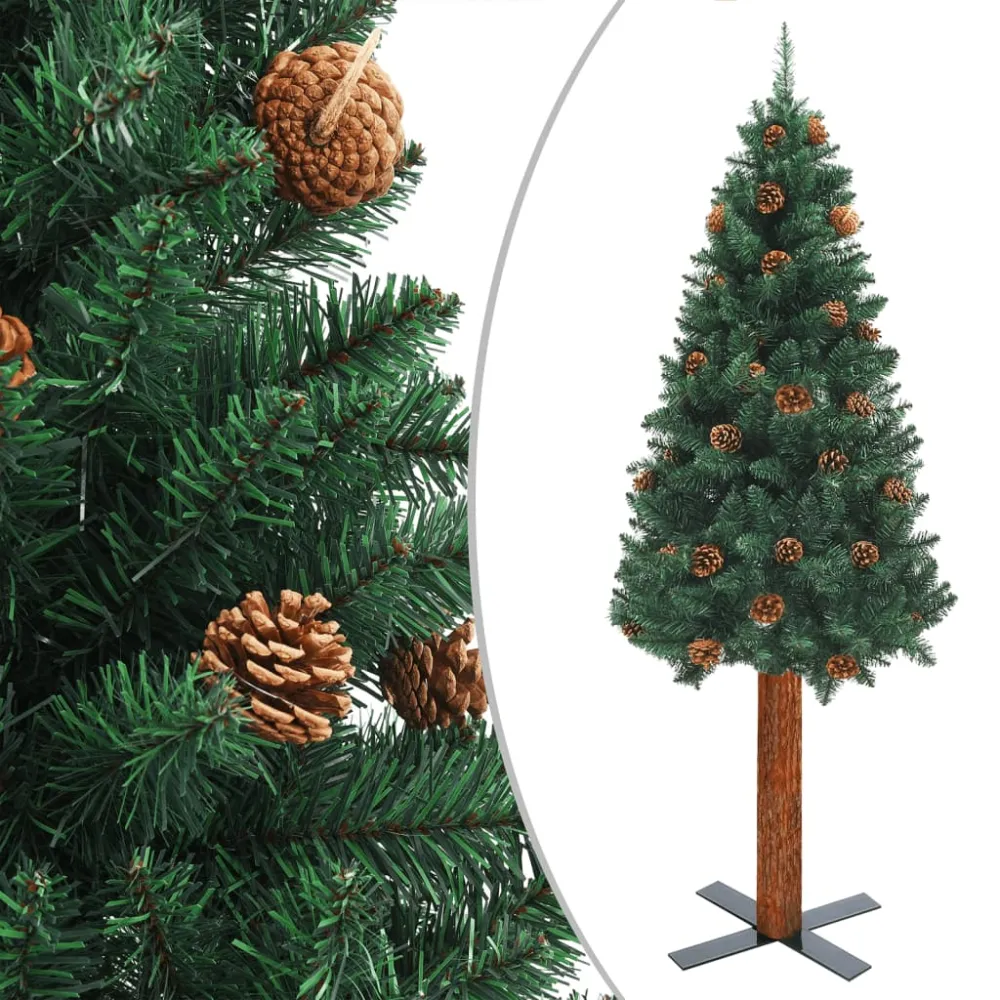 Estatuilla Decorativa de vidaXL árbol de navidad estrecho con luces y bolas verde 210 cm