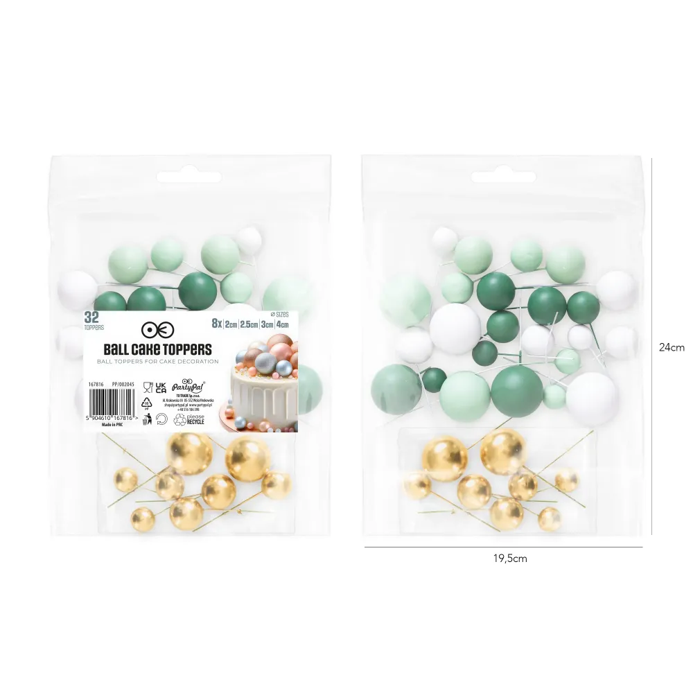Figura de Exterior Resina Juego de 32 bolas para decorar tartas en menta, verde, dorado y blanco.