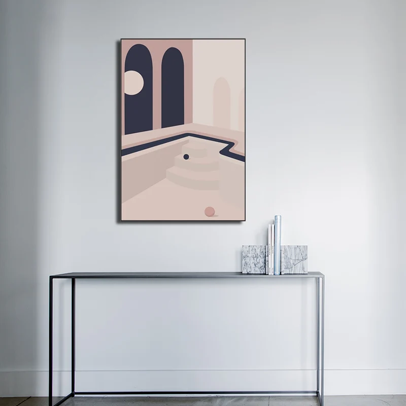 Figura Ornamental Arte de pared de bola y patio para dormitorio, impresión en lienzo de arquitectura en rosa, superficie t...
