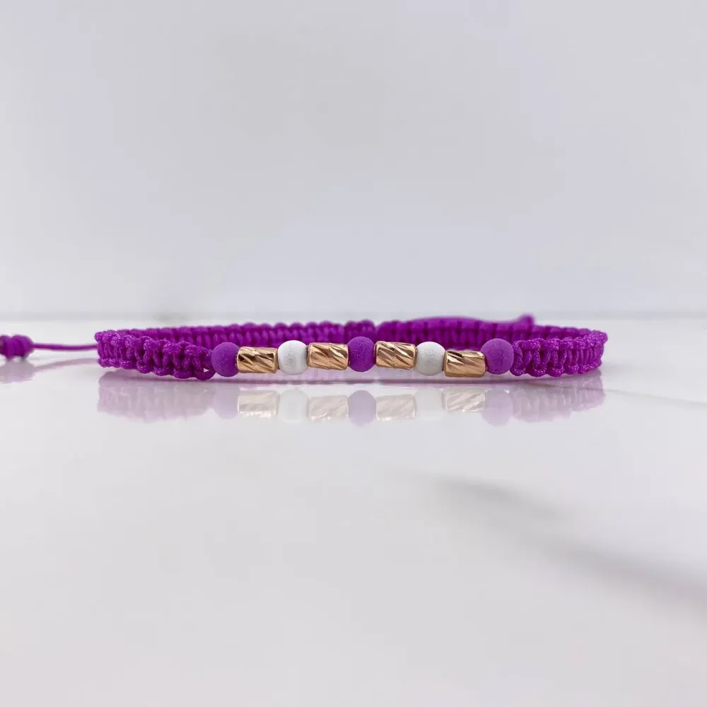 Pulsera Morada Cilindros 0.35gr / 4mm Diamantados Bolas Neoprenos Moradas Blancas Oro Rosa $ con Base Incluida