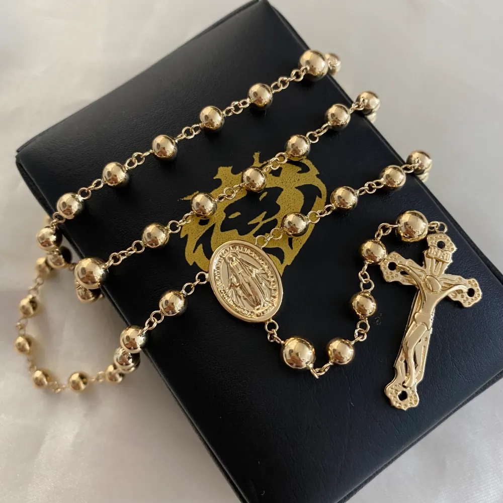 Rosario 14.3gr/60cm 5-6mm Bolas Lisas Virgen Milagrosa Oro Amarillo* con Base Incluida