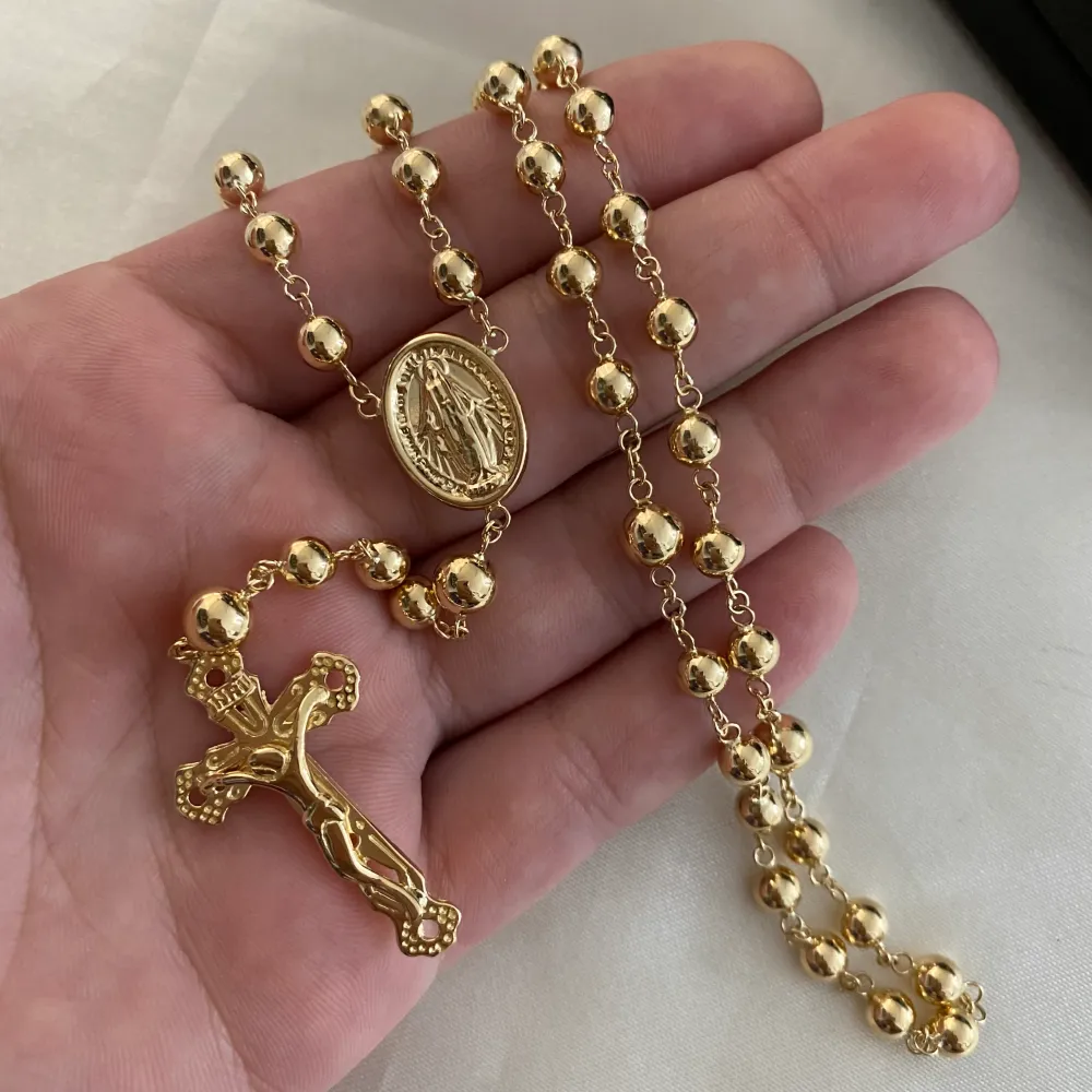 Rosario 14.3gr/60cm 5-6mm Bolas Lisas Virgen Milagrosa Oro Amarillo* con Base Incluida