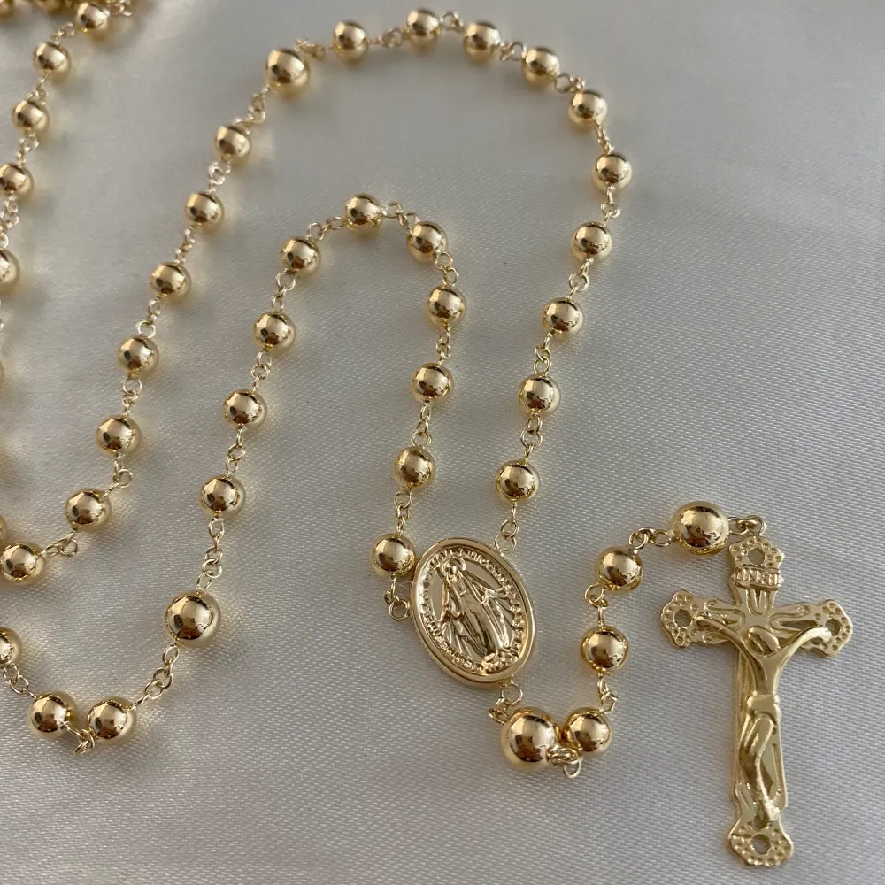 Rosario 14.3gr/60cm 5-6mm Bolas Lisas Virgen Milagrosa Oro Amarillo* con Base Incluida