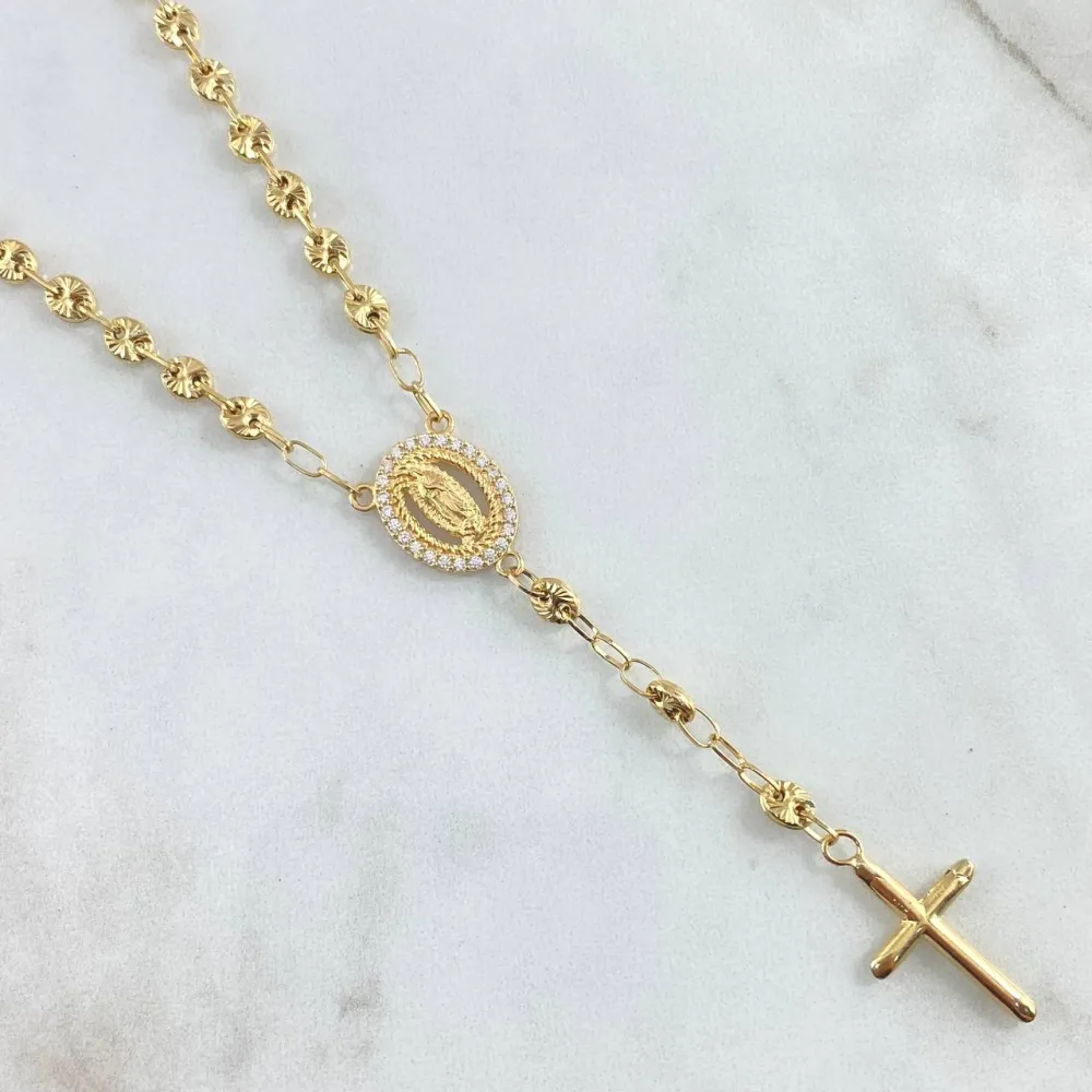 Rosario GC Virgen De Guadalupe 11.4gr / 52cm / 4.2mm Cruz Lisa Puntas Planas Bolas Diamantadas Oro Amarillo 18K (Hecho Mano)