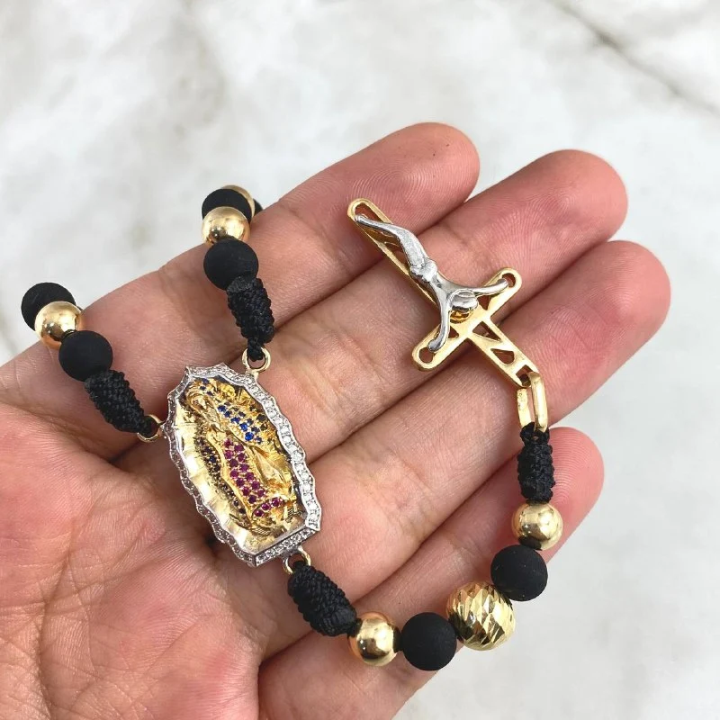 Rosario Virgen Guadalupe 19.4gr / 6-8mm Bolas Lisas Diamantadas Cruz Cristo Circones Colores Dos Oros Amarillo Blanco © Re...