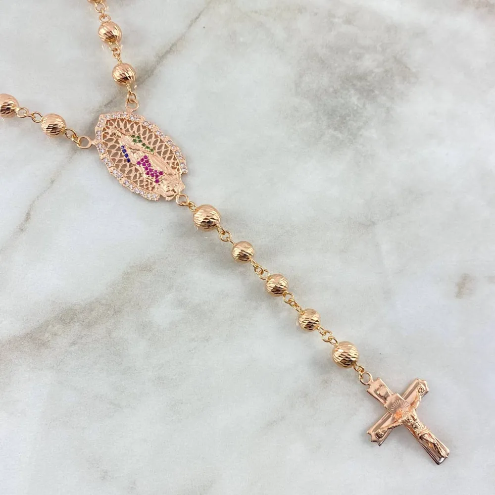 Rosario Virgen Guadalupe 30gr / 70cm / 6-7mm Bolas Diamantadas Circones Blancos Fucsias Verdes Azules Oro Rosa en Bronce E...