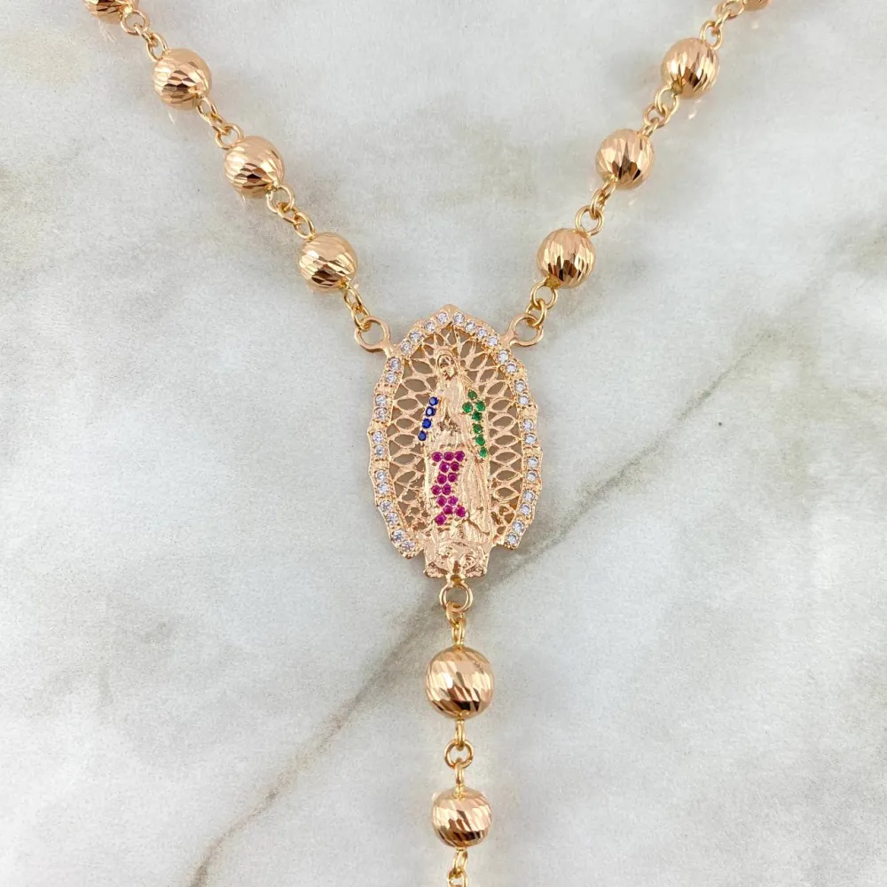 Rosario Virgen Guadalupe 30gr / 70cm / 6-7mm Bolas Diamantadas Circones Blancos Fucsias Verdes Azules Oro Rosa en Bronce E...