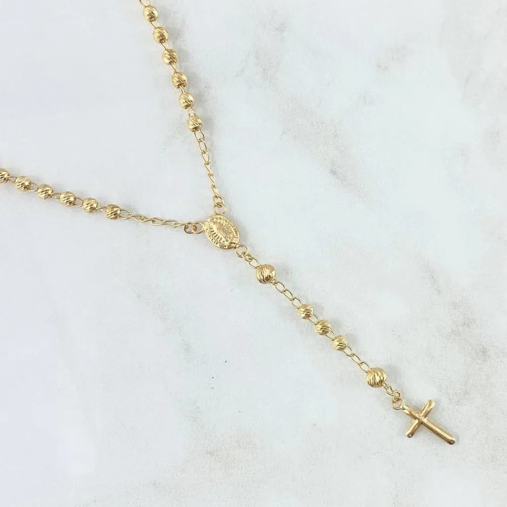 Rosario Virgen Guadalupe 7.3gr / 45cm / 3mm-4mm Bolas Diamantadas - Cruz Lisa Oro Amarillo 18K * para Decoración Temática