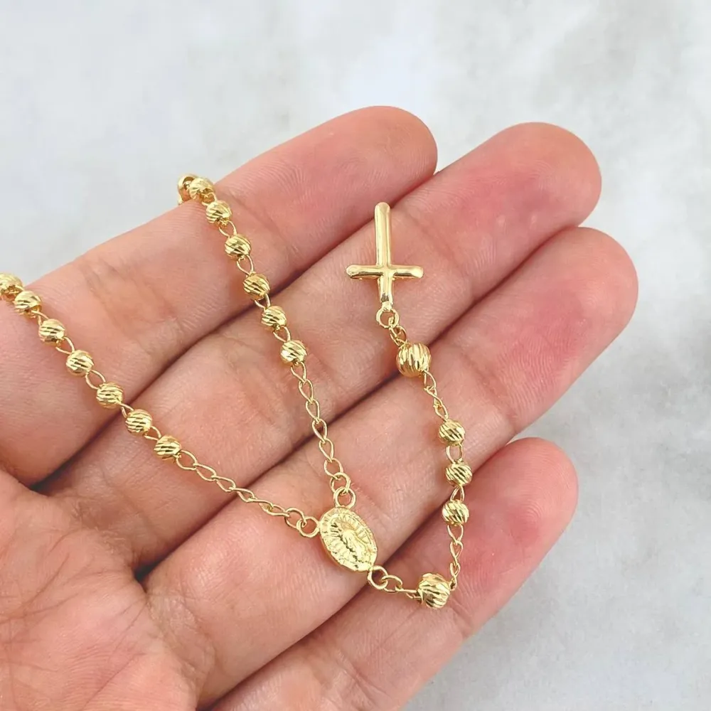 Rosario Virgen Guadalupe 7.3gr / 45cm / 3mm-4mm Bolas Diamantadas - Cruz Lisa Oro Amarillo 18K * para Decoración Temática