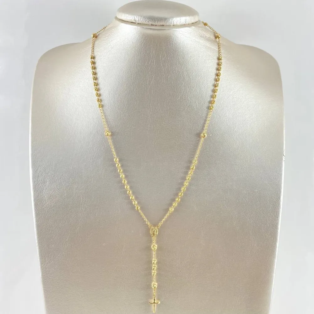 Rosario Virgen Guadalupe 7.3gr / 45cm / 3mm-4mm Bolas Diamantadas - Cruz Lisa Oro Amarillo 18K * para Decoración Temática