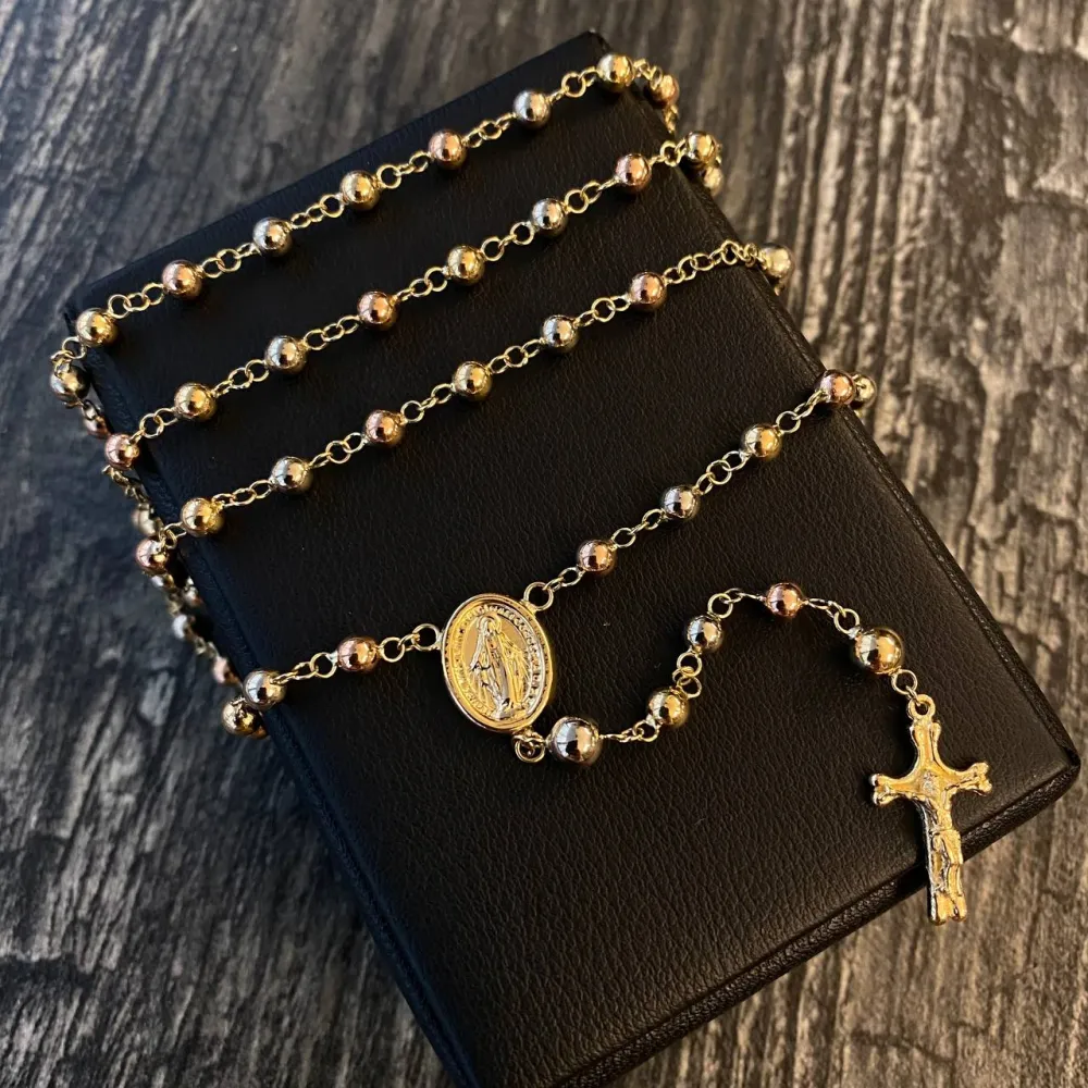 Rosario Virgen Milagrosa 10gr / 60cm Bola 4-5mm Lisa Tres Oros (Oferta) con Pintura Resistente