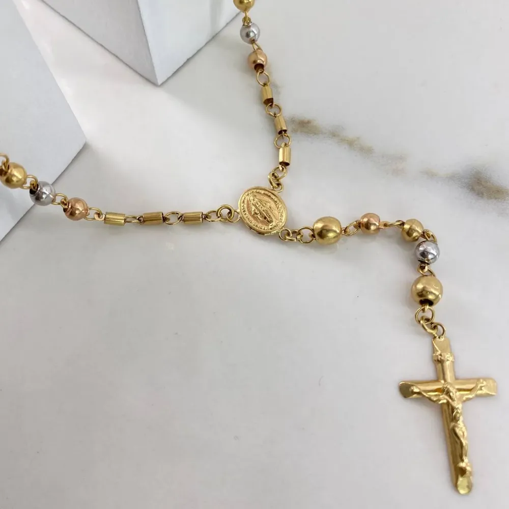 Rosario Virgen Milagrosa 11.2gr / 50cm / Bola 4-5mm Lisa Tres Oros$ Conjunto de 2 Piezas