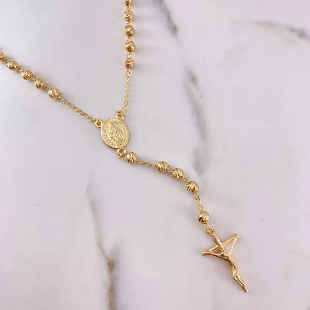 Rosario Virgen Milagrosa 12.35gr / 60cm / 4mm Bolas Diamantadas Oro Amarillo 18K # Conjunto de 2 Piezas